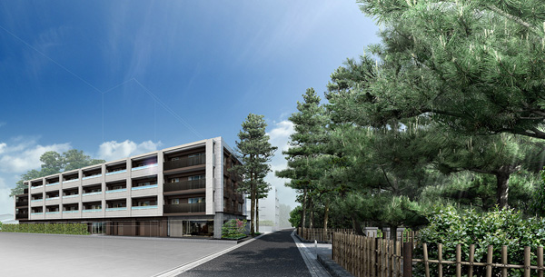 Shared facilities.  [Exterior - Rendering] Scissors the Takasago Street, East overlooking the Takasago green space <Clio Chigasaki in the coast> is the low-rise mansion on the ground four-storey. White based on the outer wall and Brown, To keynote the tile finish of the two-tone, Building appearance with a calm which arranged the natural stone that becomes a point, Shine beautifully in the green of pine covering the green space.