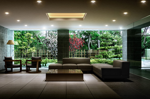 Shared facilities.  [Entrance Hall Rendering] Rich entrance hall green spread of Takasago green space outside the window, Mosaic tile on the floor, In hotel-like space where we arranged white granite wall. Able to share the comfort of on one class, It is a charming public space.