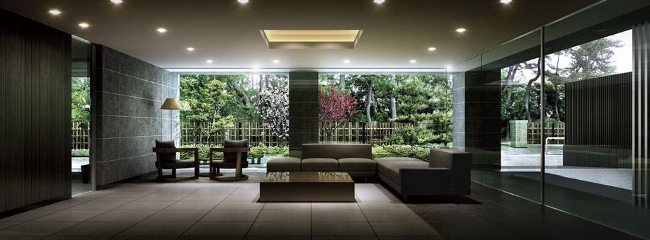 Lounge Rendering. Lounge overlooking the Takasago green space outside the window. White on the wall granite, Decor mosaic tile on the floor, It has been finished to the hotel-like space that wears the sense of quality.