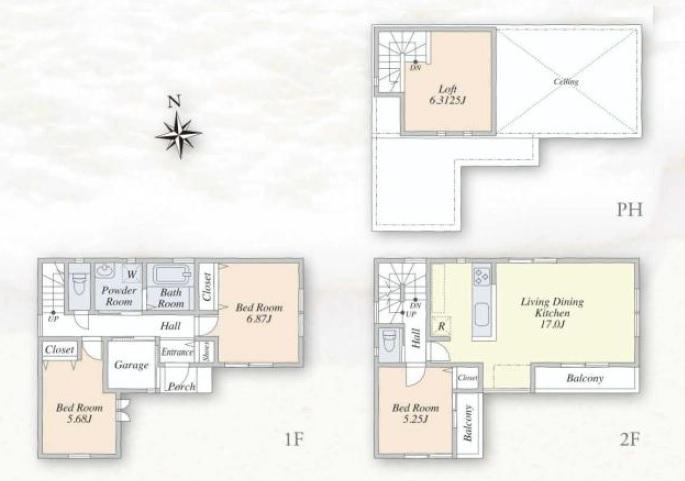 Floor plan. (B Building), Price 35,800,000 yen, 3LDK, Land area 75.31 sq m , Building area 87.16 sq m