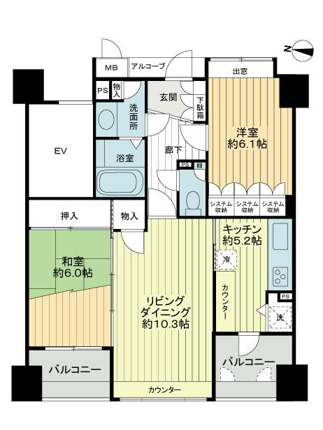 Floor plan. 2LDK, Price 26,900,000 yen, Occupied area 64.21 sq m , Balcony area 8.45 sq m