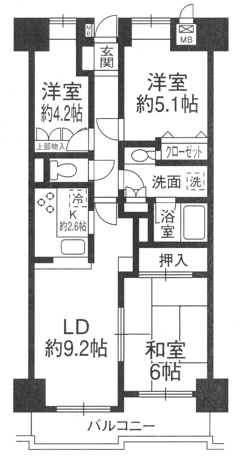 Floor plan. 3LDK, Price 13.5 million yen, Occupied area 62.45 sq m , Balcony area 7.29 sq m