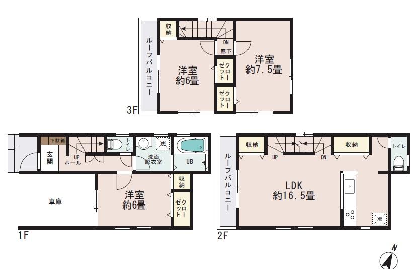 Floor plan. (3 Building), Price 31,800,000 yen, 3LDK, Land area 67.94 sq m , Building area 101.02 sq m