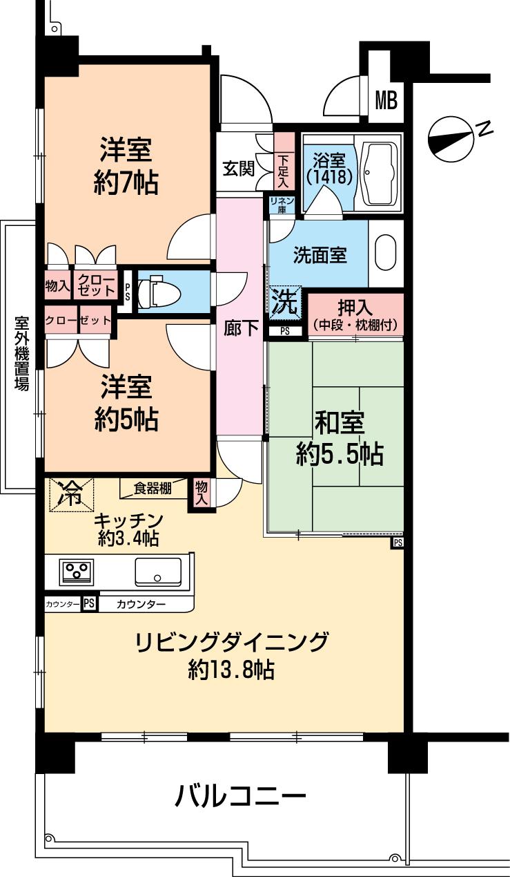 Floor plan. 3LDK, Price 19,800,000 yen, Footprint 74.1 sq m , Balcony area 14.05 sq m