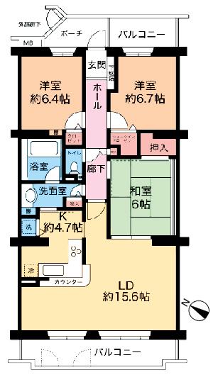 Floor plan. 3LDK, Price 14.8 million yen, Footprint 86.7 sq m , Balcony area 13.52 sq m