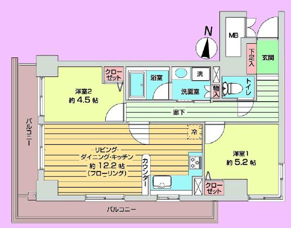 Floor plan. 2LDK, Price 19.9 million yen, Footprint 54.3 sq m , Balcony area 13.96 sq m