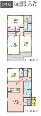Floor plan. (3 Building), Price 31,800,000 yen, 4LDK, Land area 100.23 sq m , Building area 95.63 sq m