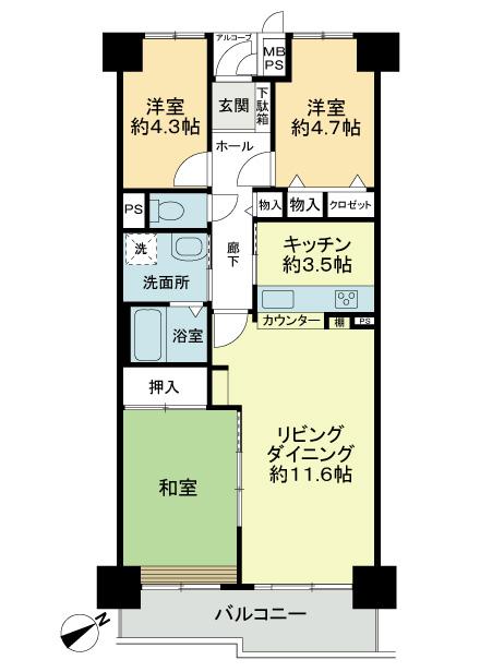 Floor plan. 3LDK, Price 11.5 million yen, Occupied area 68.82 sq m , Balcony area 7.74 sq m