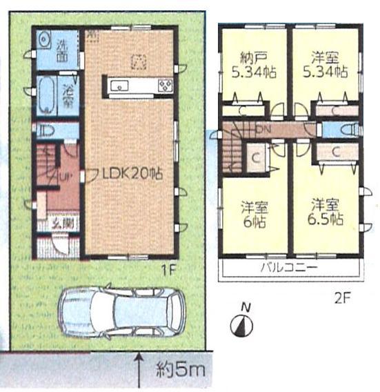 Floor plan. 34,800,000 yen, 3LDK + S (storeroom), Land area 93.94 sq m , Spacious LDK of building area 97.7 sq m 20 Pledge. Floor plans to realize a bright family space with a focus on living.