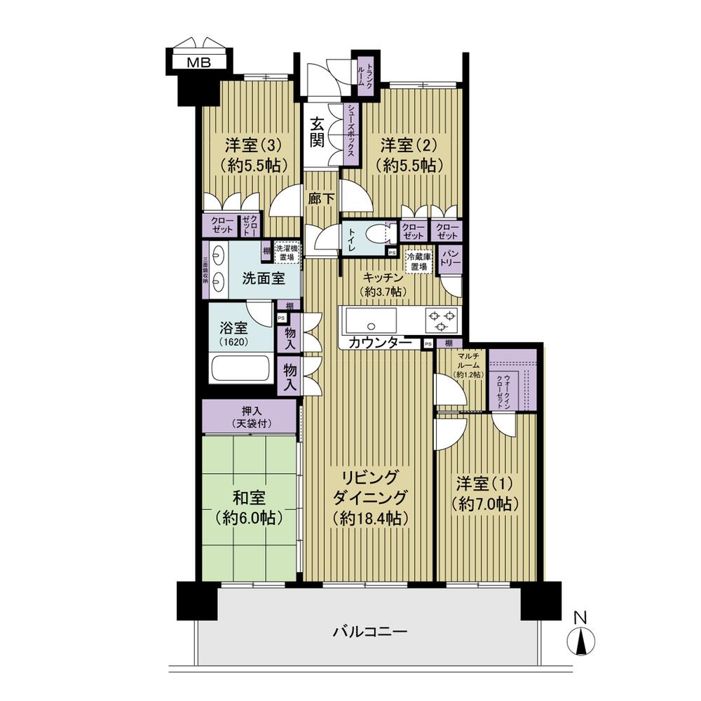 Floor plan. 4LDK + S (storeroom), Price 29.4 million yen, Footprint 92.5 sq m , Wide span design of the balcony area 17 sq m south-facing 3 rooms. Storeroom, Footprint of there walk-in closet 92.5 sq m