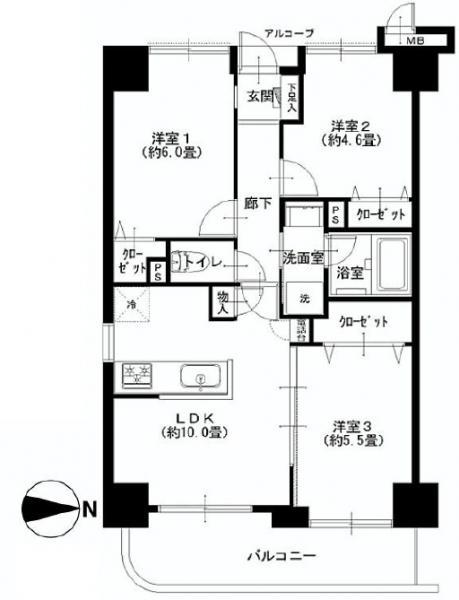 Floor plan. 3LDK, Price 29,900,000 yen, Occupied area 57.32 sq m , Balcony area 7.12 sq m
