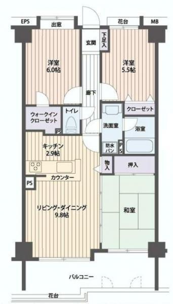 Floor plan. 3LDK, Price 16,980,000 yen, Footprint 66.9 sq m , Balcony area 10.77 sq m