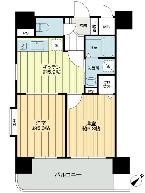 Floor plan. 2K, Price 22.5 million yen, Occupied area 37.74 sq m , Balcony area 8.44 sq m