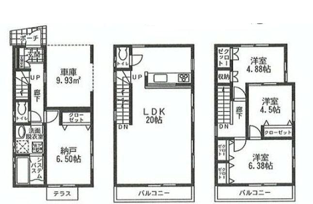 Floor plan. (1 Building), Price 34,500,000 yen, 3LDK+S, Land area 63.02 sq m , Building area 110.74 sq m