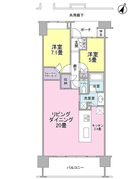 Floor plan. 2LDK, Price 36,800,000 yen, Occupied area 76.69 sq m , Balcony area 12.29 sq m
