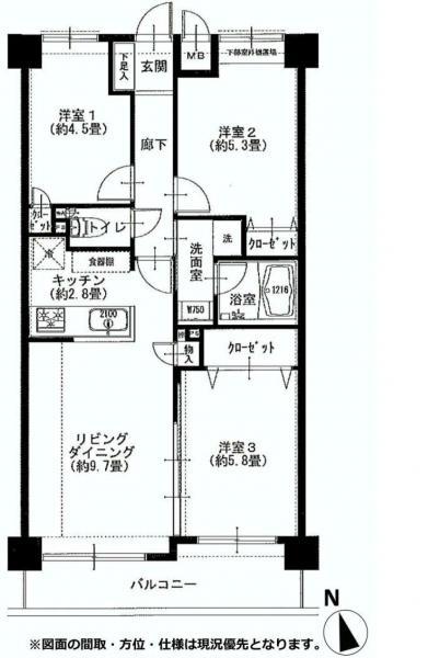 Floor plan. 3LDK, Price 25,900,000 yen, Occupied area 61.98 sq m , Balcony area 7.61 sq m