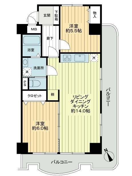 Floor plan. 2LDK, Price 27,800,000 yen, Occupied area 63.57 sq m , Balcony area 12.4 sq m