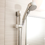 Bathing-wash room.  [Slide shower hook-and-click shower] Slide shower hook and hand in a shower of water stop and the water discharge that can adjust the height of your choice has adopted a one-push shower that can be manipulated. (Same specifications)