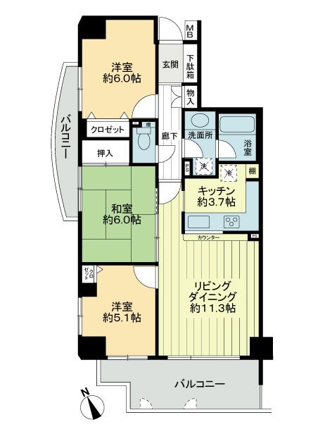 Floor plan. 3LDK, Price 28.8 million yen, Occupied area 68.98 sq m , Balcony area 14.14 sq m