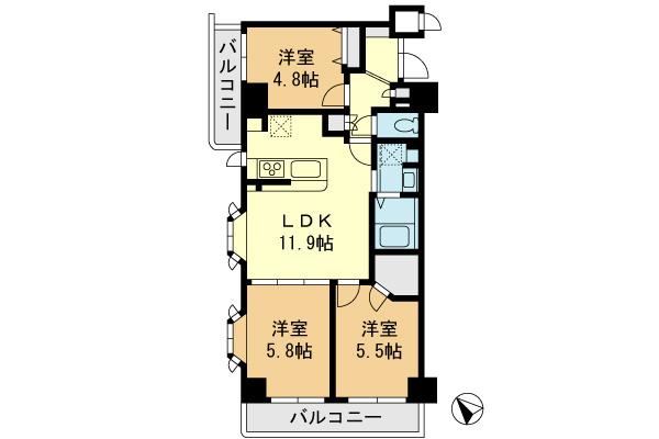 Floor plan. 3LDK, Price 27,900,000 yen, Occupied area 60.52 sq m , Balcony area 8.26 sq m