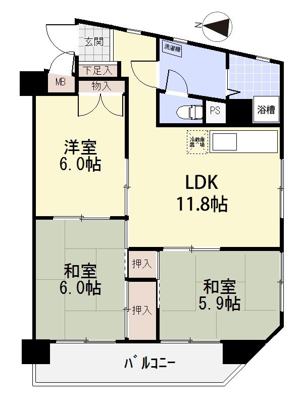 Floor plan. 3LDK, Price 13.8 million yen, Occupied area 56.02 sq m , Balcony area 6.51 sq m