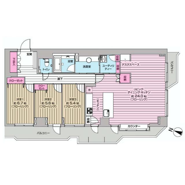 Floor plan. 3LDK, Price 40,880,000 yen, Footprint 107.23 sq m , Balcony area 24.74 sq m