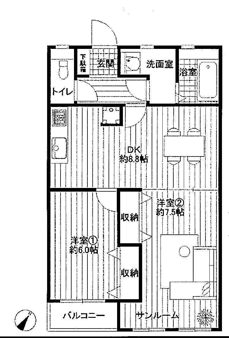 Floor plan. 2DK, Price 11.8 million yen, Occupied area 52.51 sq m , Balcony area 2.48 sq m