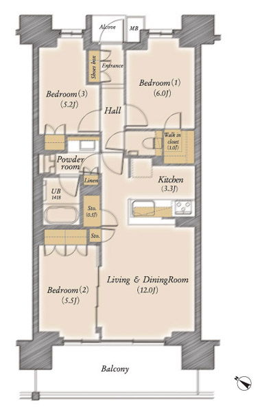B type floor plan: 3LDK + WIC + N footprint / 70.16 sq m  Balcony area / 12.20 sq m