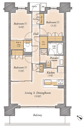 E-type floor plan: 3LDK + WIC + N Occupied area / 75.40 sq m  Balcony area / 13.10 sq m