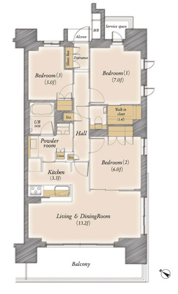 F type floor plan: 3LDK + WIC Occupied area / 77.91 sq m  Balcony area / 13.50 sq m