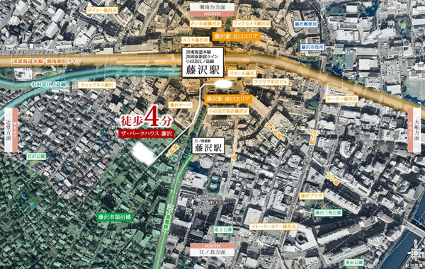  ※ Aerial photo of the web is actually a somewhat different in plus color, etc. CG process was taken in November 2013. Also, The distance display shows the linear distance around the "Fujisawa" station on the map, In fact the different.