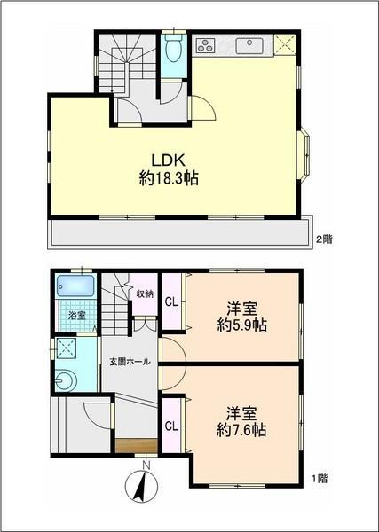Floor plan. 21,800,000 yen, 2LDK, Land area 86.12 sq m , Building area 76.59 sq m