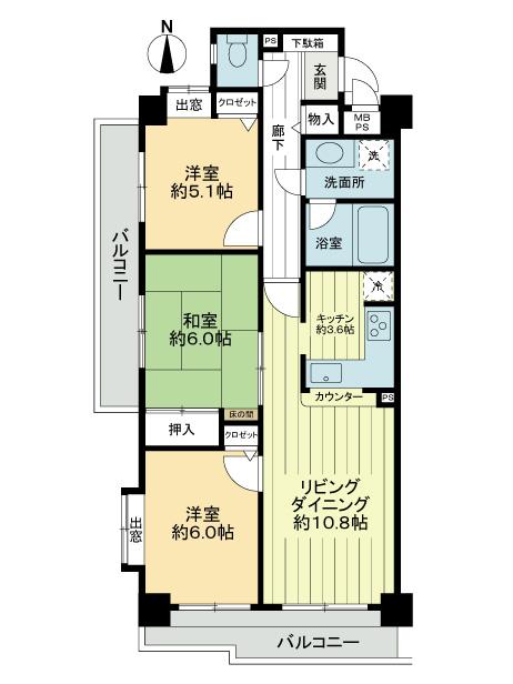 Floor plan. 3LDK, Price 22,800,000 yen, Occupied area 71.22 sq m , Balcony area 12.57 sq m