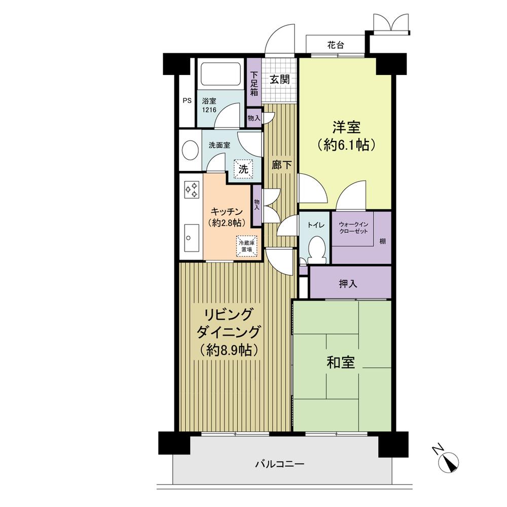 Floor plan. 2LDK, Price 19,800,000 yen, Footprint 58 sq m , 2way kitchen with excellent balcony area 8.2 sq m housework flow line