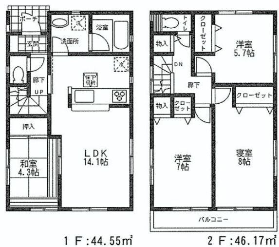 Floor plan. (1 Building), Price 36,800,000 yen, 4LDK, Land area 88.5 sq m , Building area 90.72 sq m