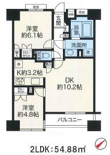 Floor plan. 2LDK, Price 21,800,000 yen, Proprietary is the area 54.88 sq m popular of all rooms Western-style rooms!
