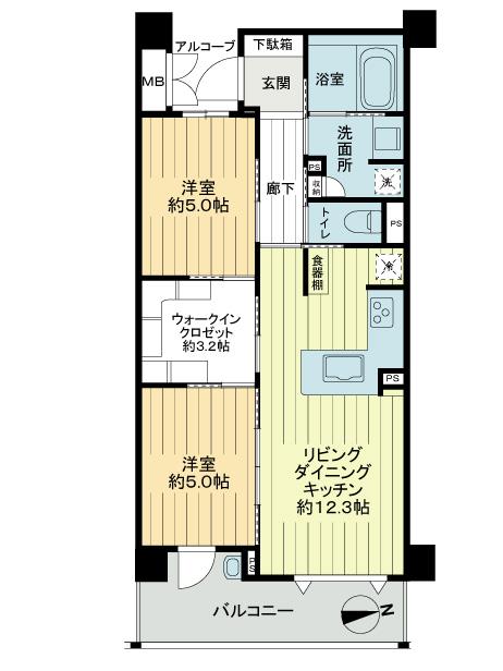 Floor plan. 2LDK, Price 27,800,000 yen, Occupied area 55.43 sq m , Balcony area 8.85 sq m