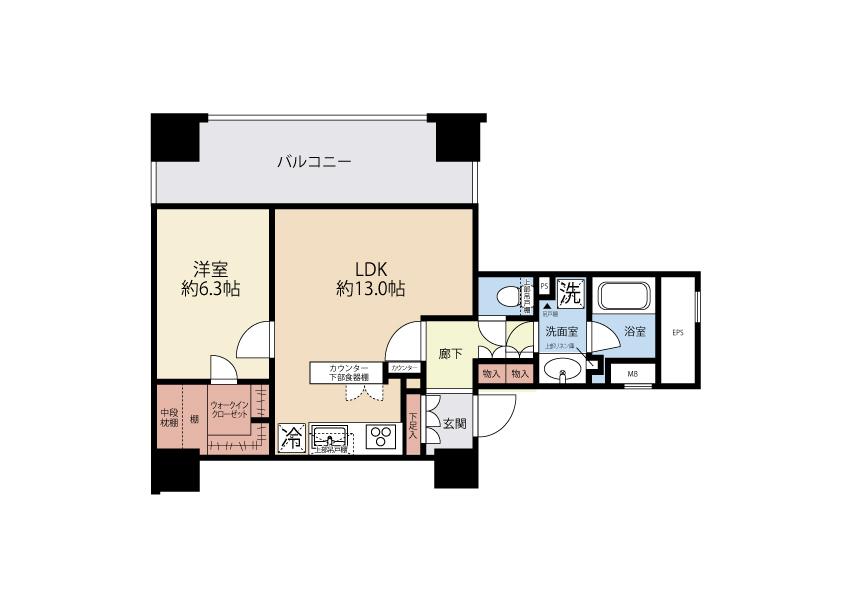 Floor plan. 1LDK, Price 35,800,000 yen, Occupied area 50.06 sq m , Balcony area 14.5 sq m