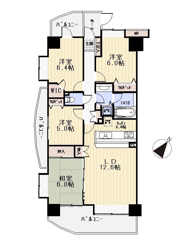 Floor plan. 4LDK, Price 25,800,000 yen, Occupied area 85.09 sq m , Balcony area 20.48 sq m 4LDK + walk-in closet, Three-sided balcony