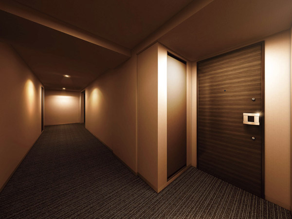 Buildings and facilities. Corridor, Adopt an inner corridor design feeling of luxury. From the entrance to each dwelling unit, Protect those who live from the rain and wind, And safety ・ Excellent in crime prevention, To privacy has adopted a conscious design. (Inner corridor Rendering)