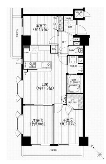 Floor plan. 3LDK, Price 27,900,000 yen, Occupied area 60.52 sq m , Balcony area 8.26 sq m