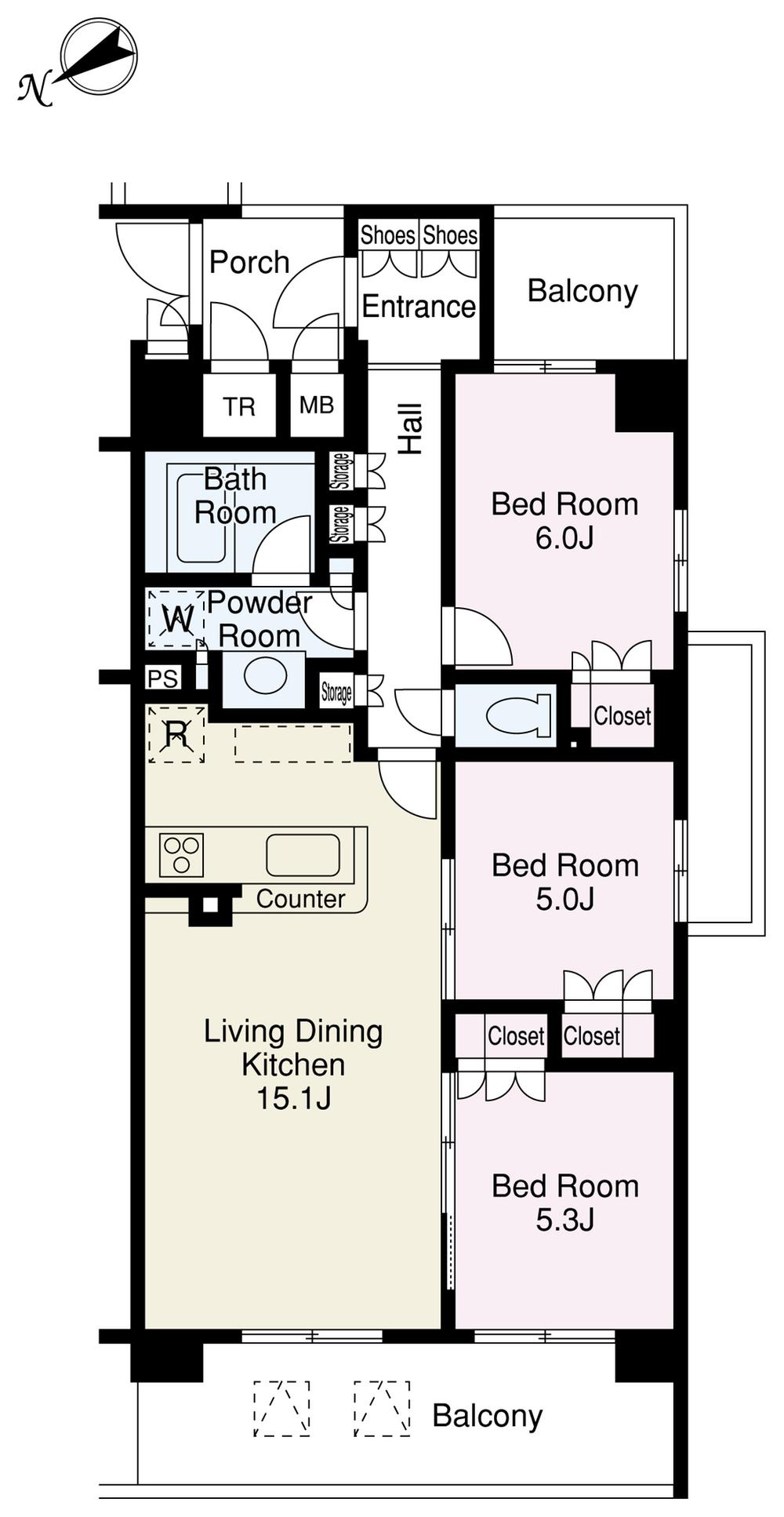 Floor plan. 3LDK, Price 37 million yen, Occupied area 71.36 sq m , Balcony area 15.53 sq m