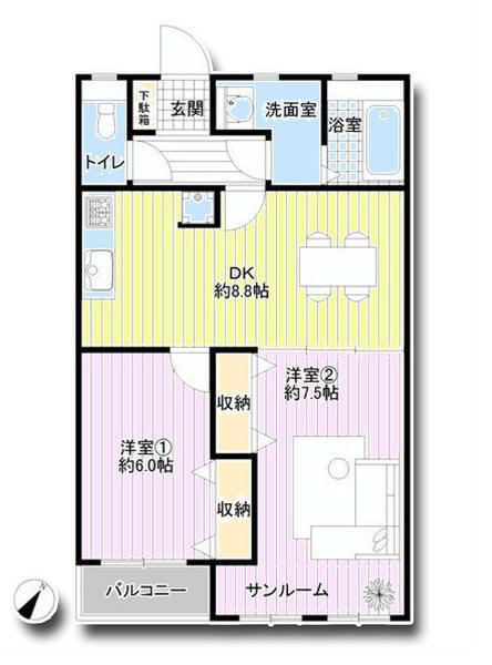 Floor plan. 2DK, Price 11.8 million yen, Occupied area 52.51 sq m , Balcony area 2.48 sq m
