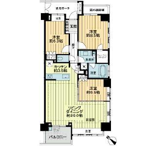 Floor plan. 3LDK, Price 57,800,000 yen, Occupied area 90.89 sq m , Balcony area 6 sq m floor heating with a living-dining