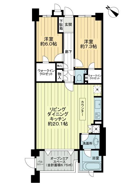 Floor plan. 2LDK, Price 43,900,000 yen, Footprint 76.8 sq m , There is a window on the balcony area 1.83 sq m bathroom!