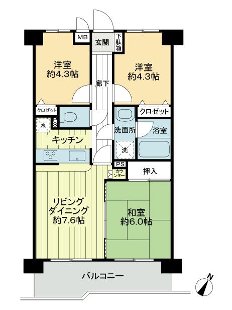Floor plan. 3LDK, Price 15.2 million yen, Footprint 55 sq m , Bright Floor balcony area 8.4 sq m southeast
