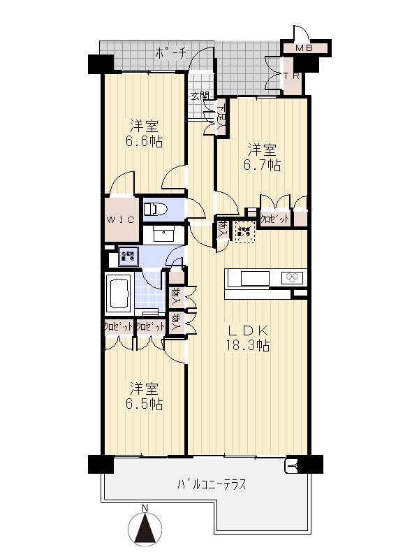 Floor plan. 3LDK, Price 37.5 million yen, Occupied area 82.38 sq m , Balcony area 12.84 sq m south-facing balcony