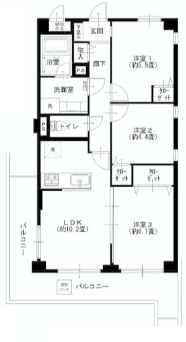 Floor plan. 3LDK, Price 18.9 million yen, Occupied area 61.48 sq m , Balcony area 15.45 sq m