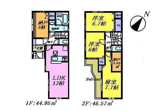 Floor plan. 36,800,000 yen, 3LDK + 2S (storeroom), Land area 83.91 sq m , A building area of ​​91.52 sq m face-to-face kitchen LDK13 Pledge and Western 6.7 Pledge ・ Western-style 6 Pledge ・ Western-style 7.7 Pledge ・ Closet is a floor plan of 3SLDK of 5 quires. About 2.2 Pledge of closet There is one other.