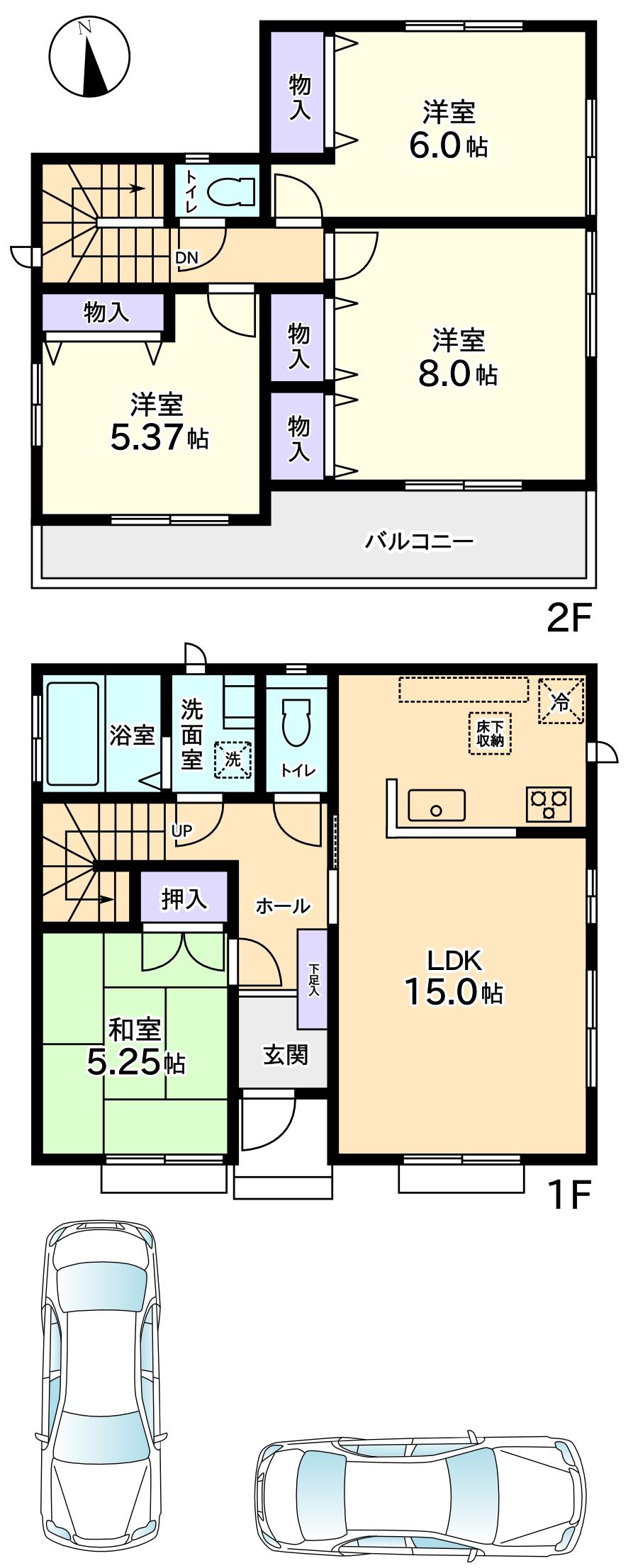 Floor plan. 37,800,000 yen, 4LDK, Land area 125.05 sq m , Building area 96.46 sq m D Building: 37,800,000 yen Car space There are two cars.